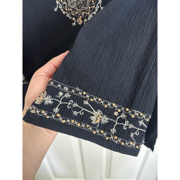 Vtg Black Gauzy Embroidered Beaded 3/4 Sleeve Top Size Medium Boho Indie Peasant - Picture 8 of 10